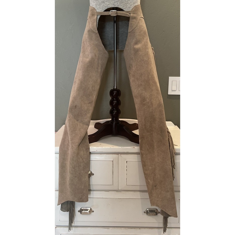Congress Leather Tan Suede Leather Fringe Motorcycle Show Riding Chaps YKKZip US